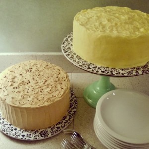 Party anyone? On the left, a chocolate sour cream cake with espresso caramel buttercream and espresso salt. On the right, Jules' Lemon Cake. lemony white cake soaked in lemon syrup, lemon cream filling, and lemon curd buttercream.