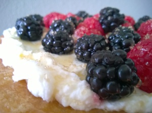 Fresh blackberries, raspberries, softly sweetened whipped cream, honey, and raw sugar make the perfect summer cake.